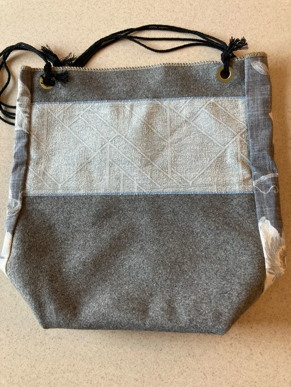 Hand Crafted Cream Silver Gray Embroidered Tote